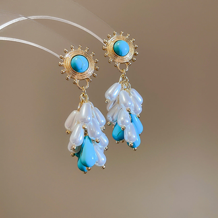 Women's Fresh Blue Fabric Flower Tassel Seaside Vacation Style Light Stud Earrings