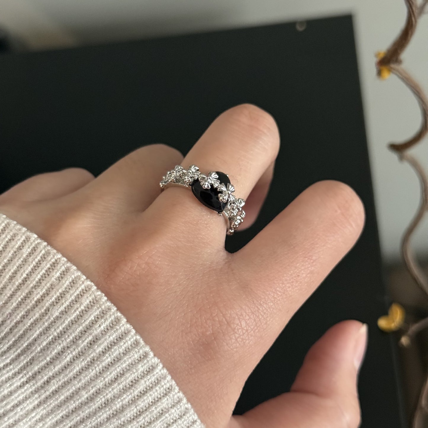Women's Sier Flower Zircon Series Light Luxury Twin Ring