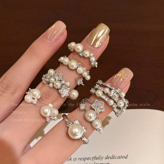 Women's French Baroque Open-end Pearl Design Twin Index Finger Light Ring
