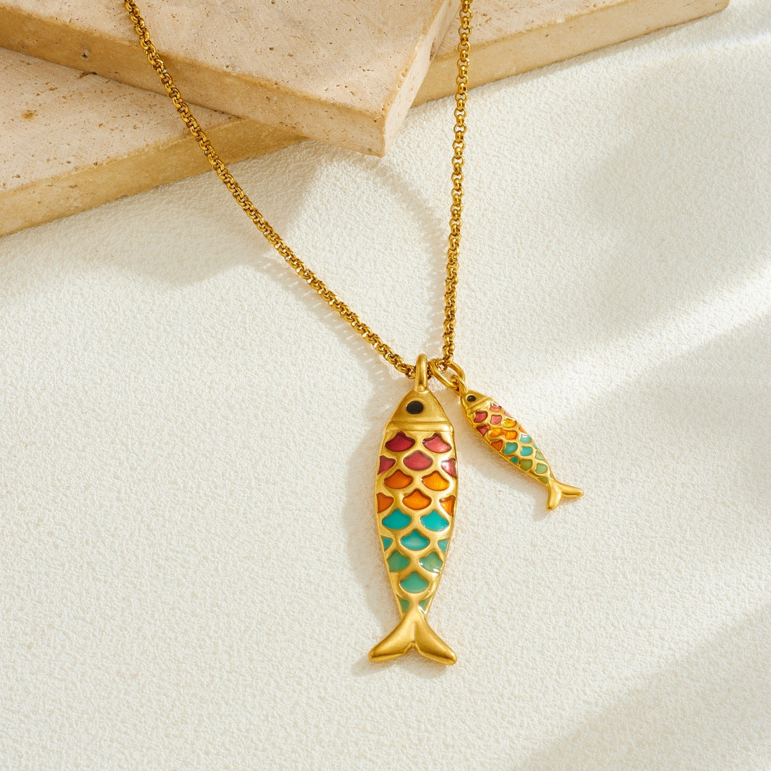 Cartoon Colorful Oil Good Luck Koi Small Fish Gold-plated Stainless Necklace