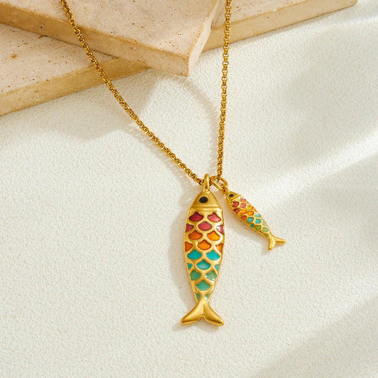 Cartoon Colorful Oil Good Luck Koi Small Fish Gold-plated Stainless Necklace