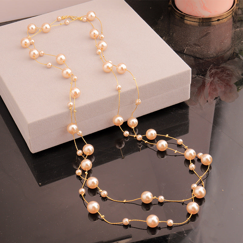 Women's Champagne Pearl Long Bright Imitation Sweater Necklace
