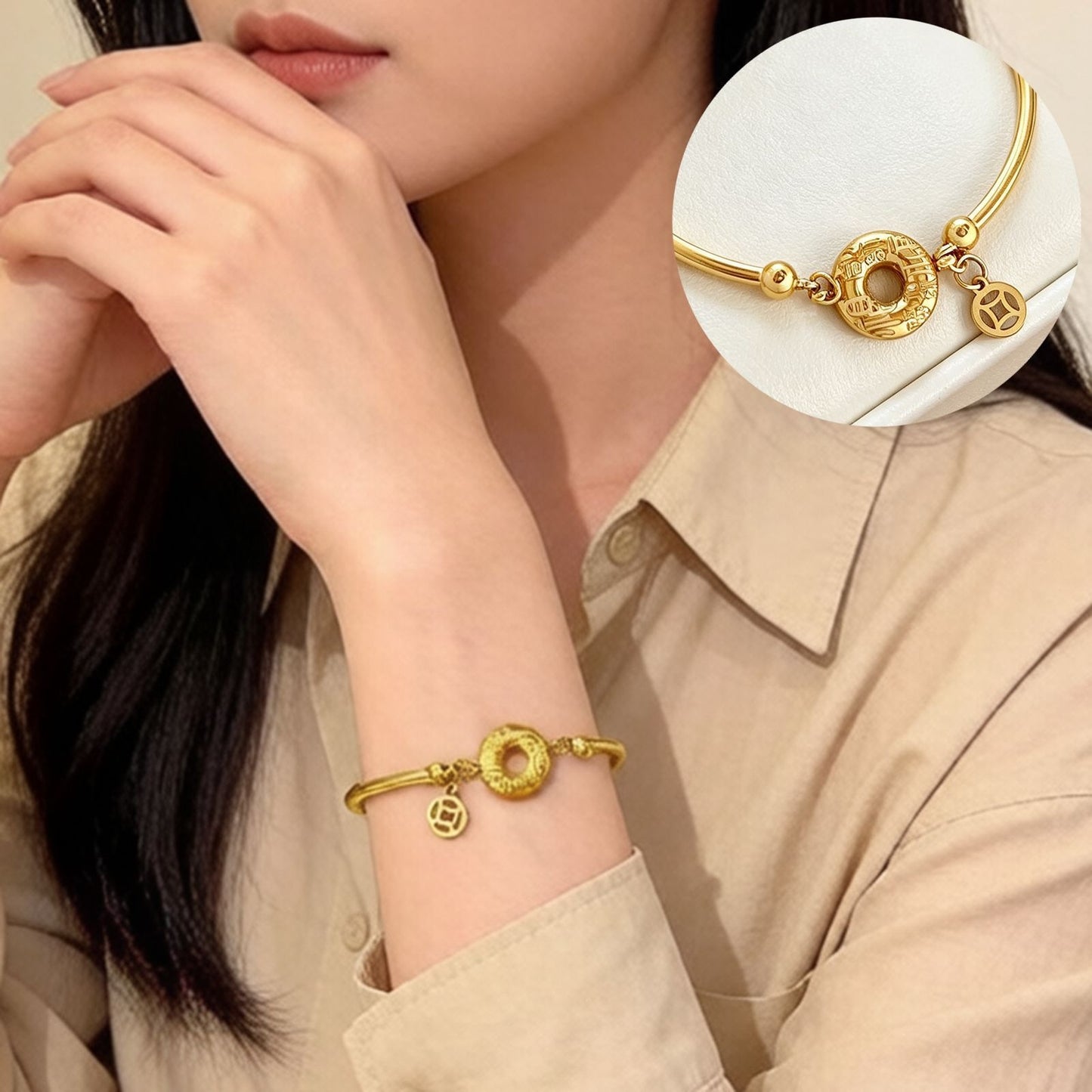 Women's Steel Fu Character Safety Buckle Real Gold Plating Design Personality Bracelet