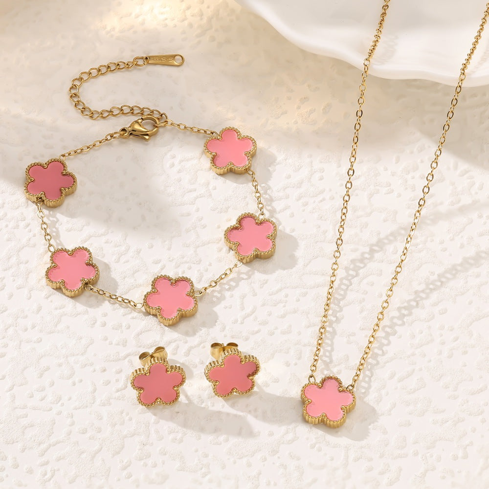 Women's Fashion Stainless Steel Five-leaf Flower Double-sided Jewelry Set