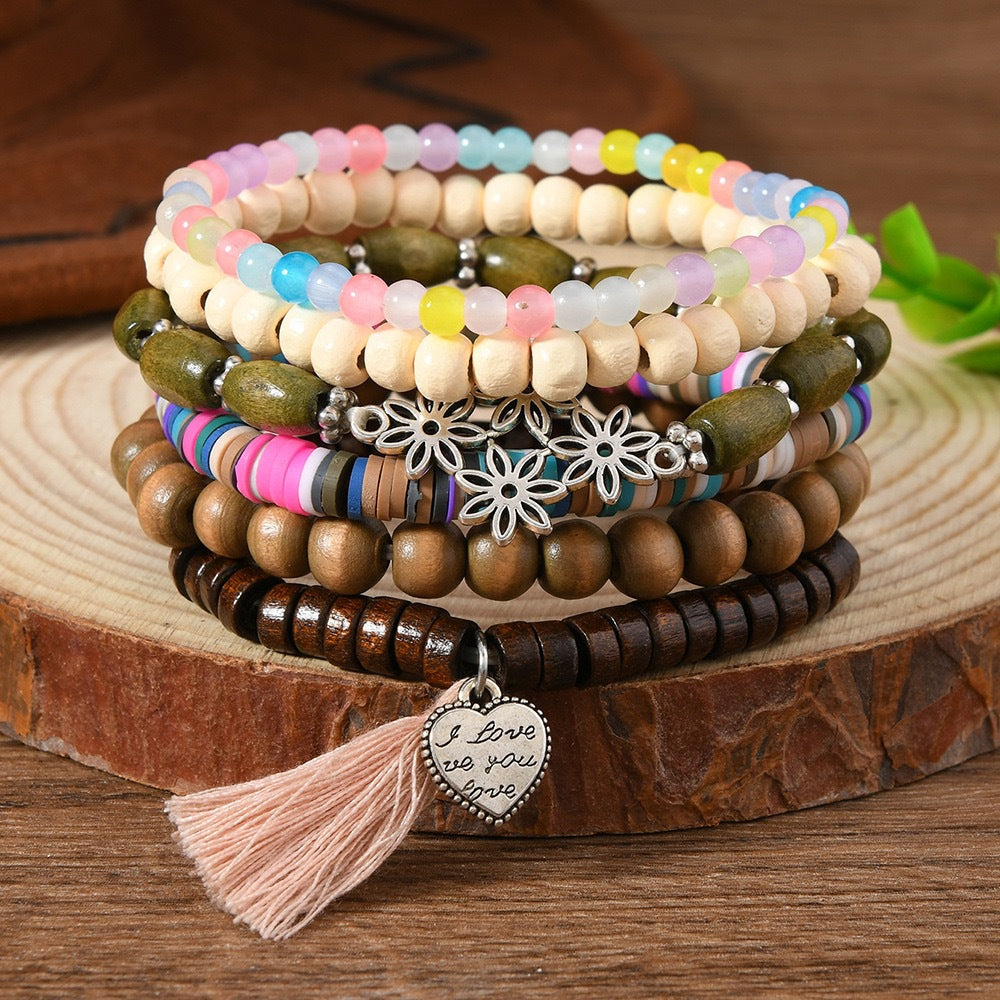 Wooden Bead Leather Rope Twin Ethnic Bracelet