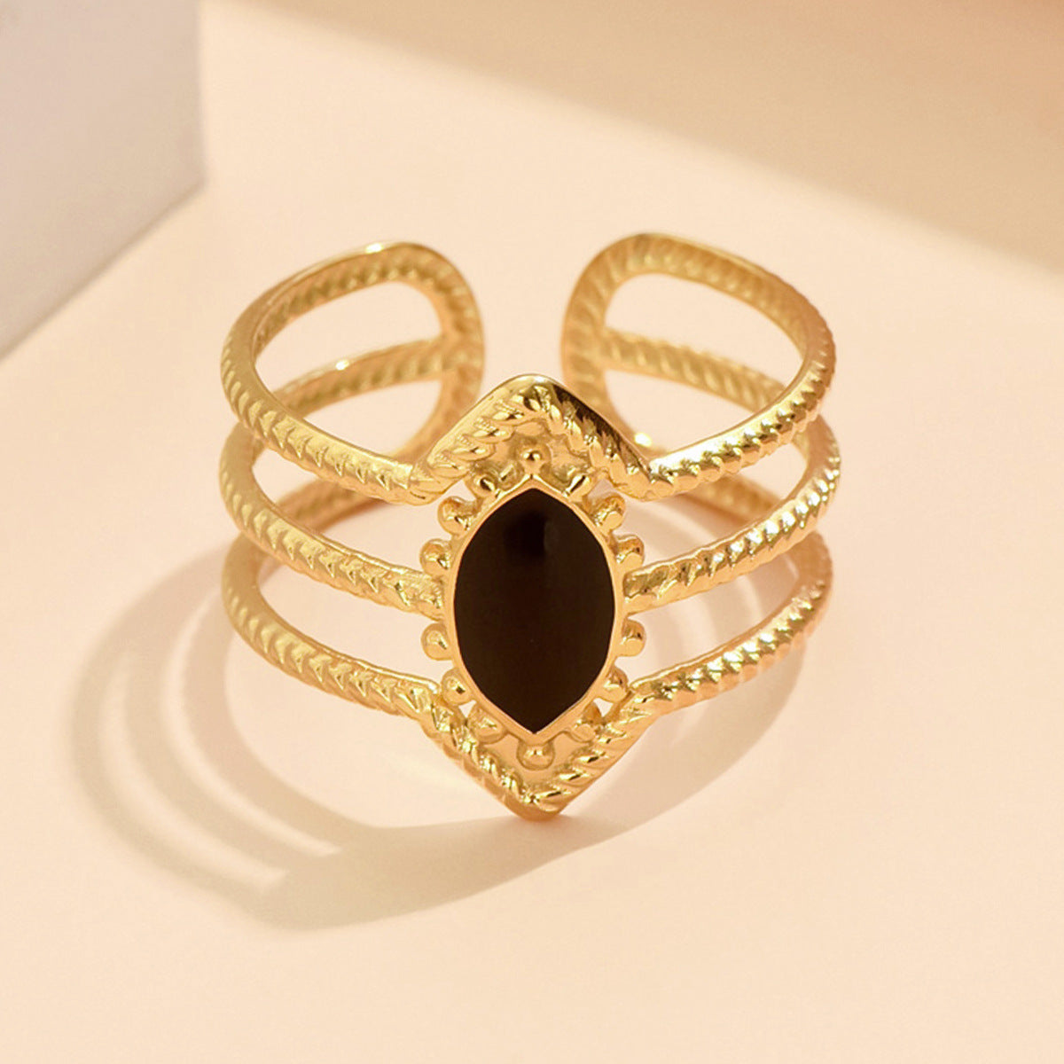 Retro Geometric Rhombus Drop Oil Enamel Open Stainless Steel Adjustable Ring