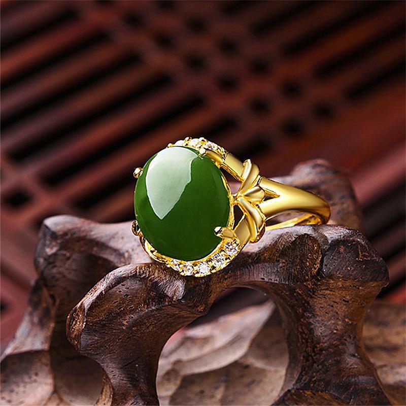 Ethnic Style Gold Plated Inlaid Imitation Jade With Green Chalcedony Rings