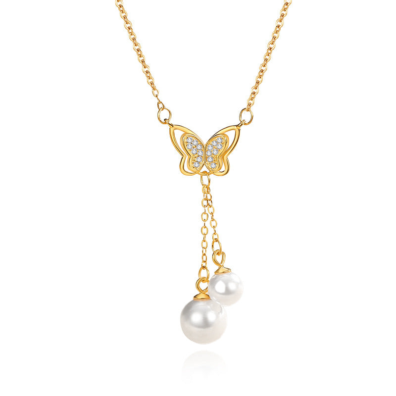 Sterling Sier Butterfly Pearl Tassel Niche Clavicle Necklaces