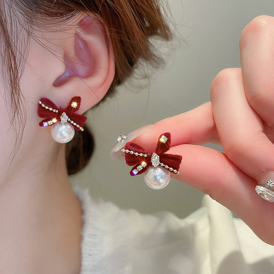 Red Bow Flower Light Luxury Christmas Earrings