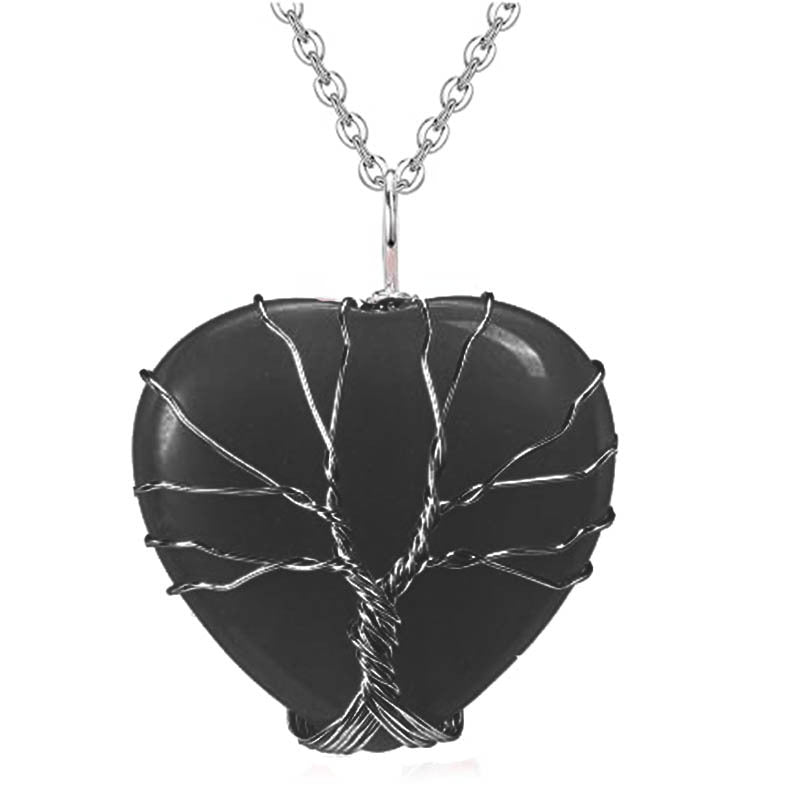 Natural Crystal Stone Heart-shaped Winding Tree Of Life Pendants