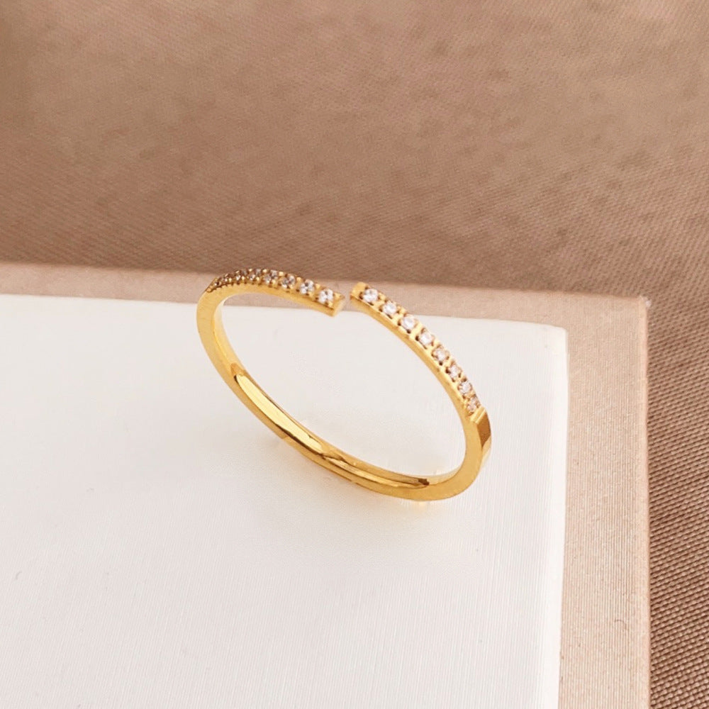 Elegant Zircon Ladder Fine Circle Twin Texture Titanium Steel High Ring
