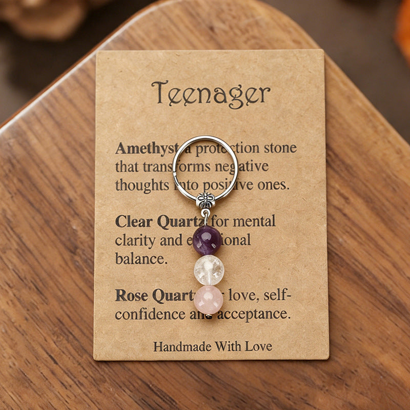 Stone Beaded Key Chain Handmade Tigereye Three Beads Combination Rings