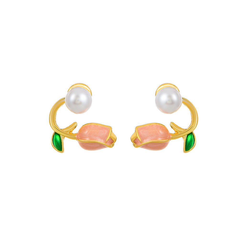 Style Fresh Pearl Small Flower Ear Pink Stud Earrings
