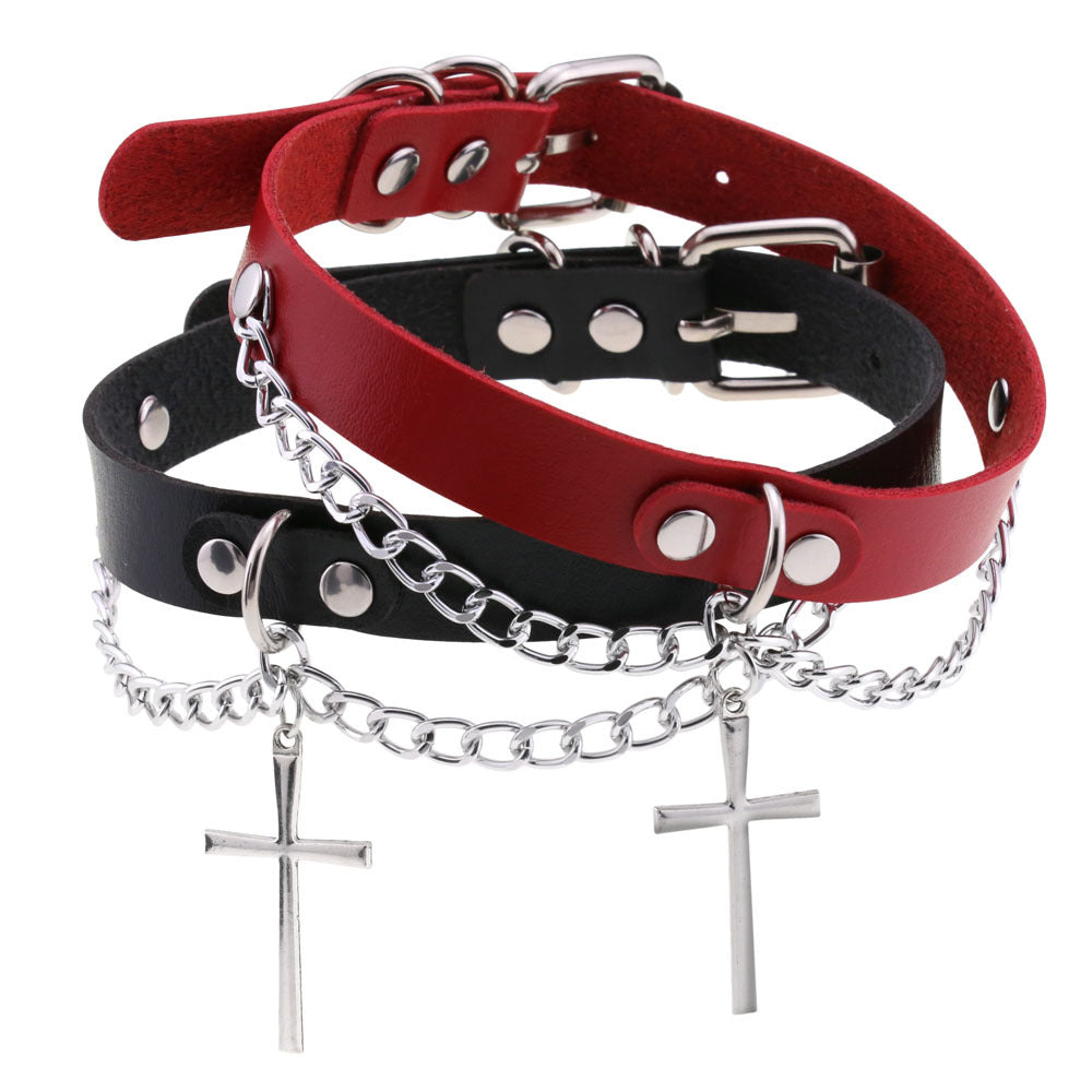 Leather Chain Cross Clavicle Classic Neckband Collar