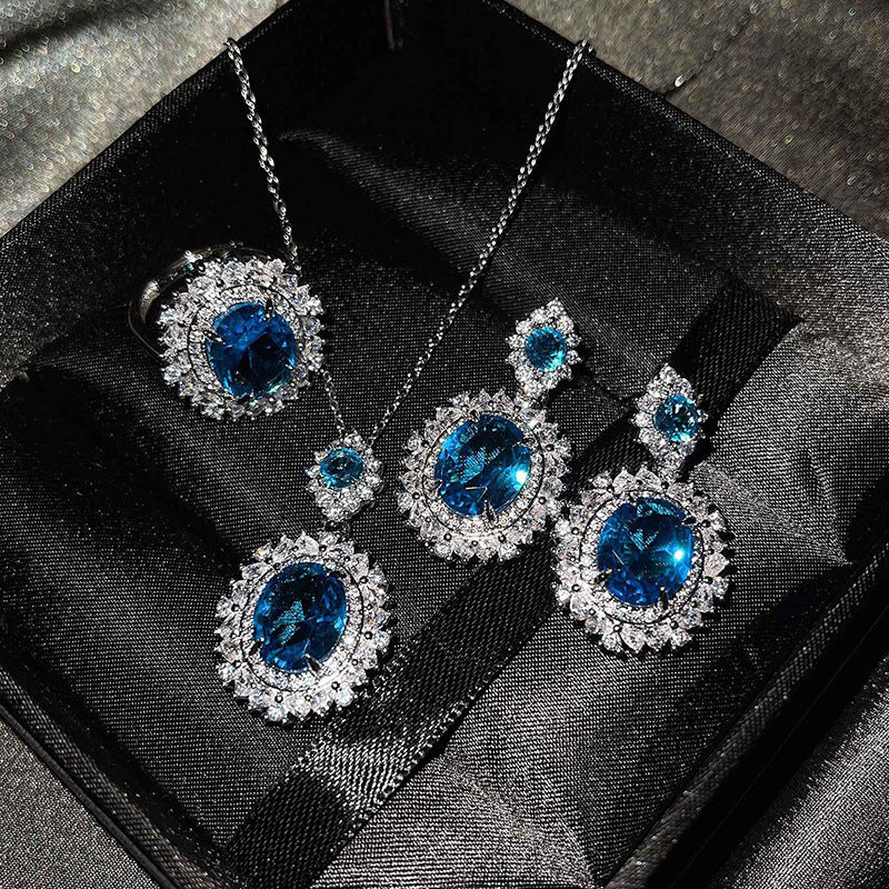 Live Broadcast Three-piece Colored Gems Ear Combination Personality Necklaces