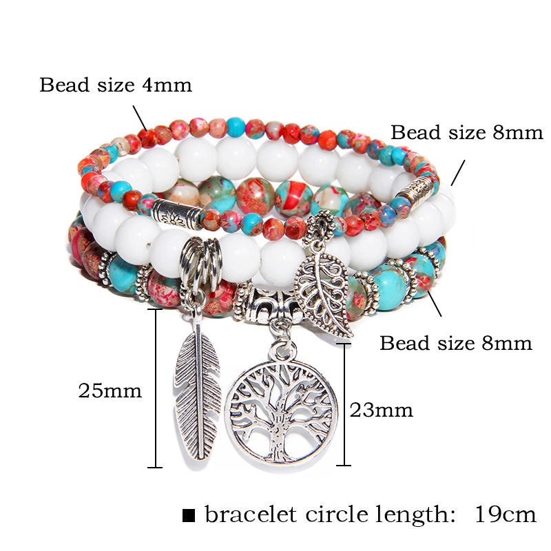 Women's Stone Bead Three-piece Tree Of Life Feather Vintage Bracelets