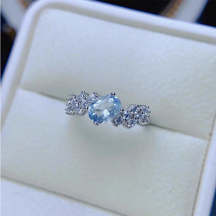 Sier Plated Imitation Natural Aquamarine Female Inlaid Zircon Fashion Open Ring