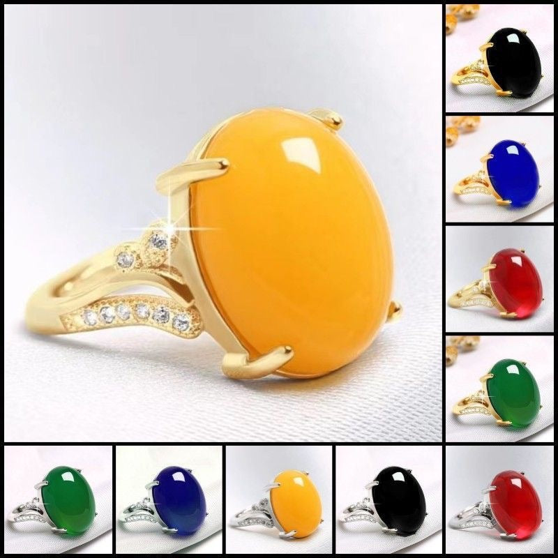 Chalcedony Female Sterling Sier Inlaid Canary Stone Agate Adjustable Ring