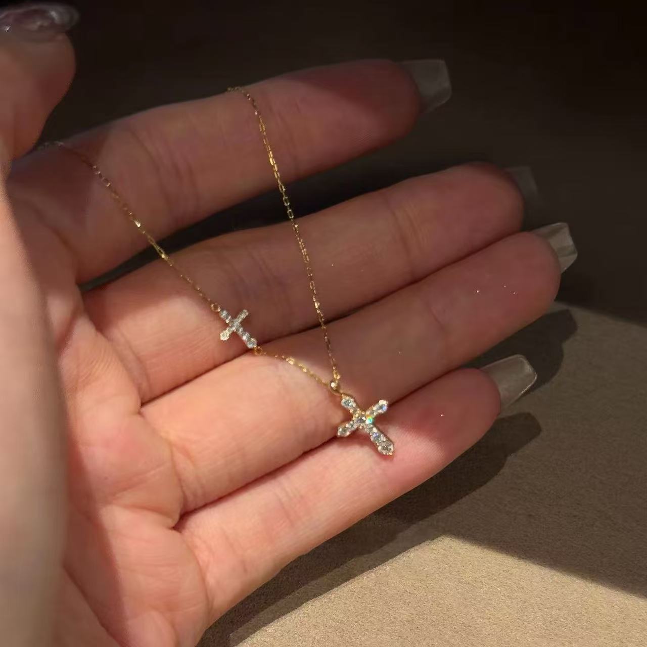 Women's Sier-plated Gold Double Cross Flash Exquisite Simple High-grade Sense Necklace