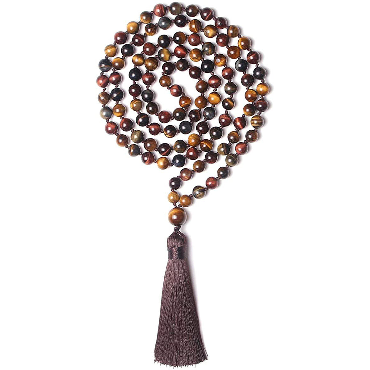 Three-color Tiger Eye Knotted Tassel Obsidian Green Jasper Blue San Necklace