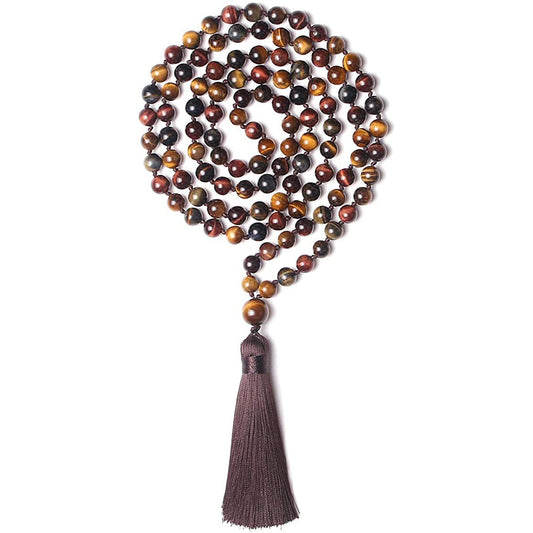 Three-color Tiger Eye Knotted Tassel Obsidian Green Jasper Blue San Necklace