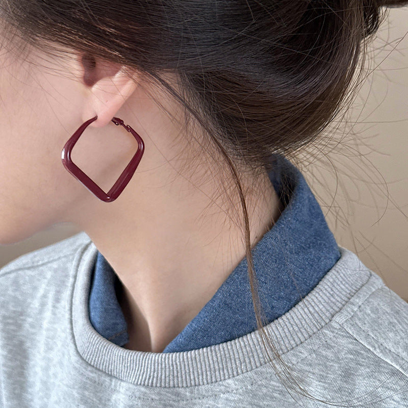 Women's Sier Needle Red Geometric Ear Korean Earrings