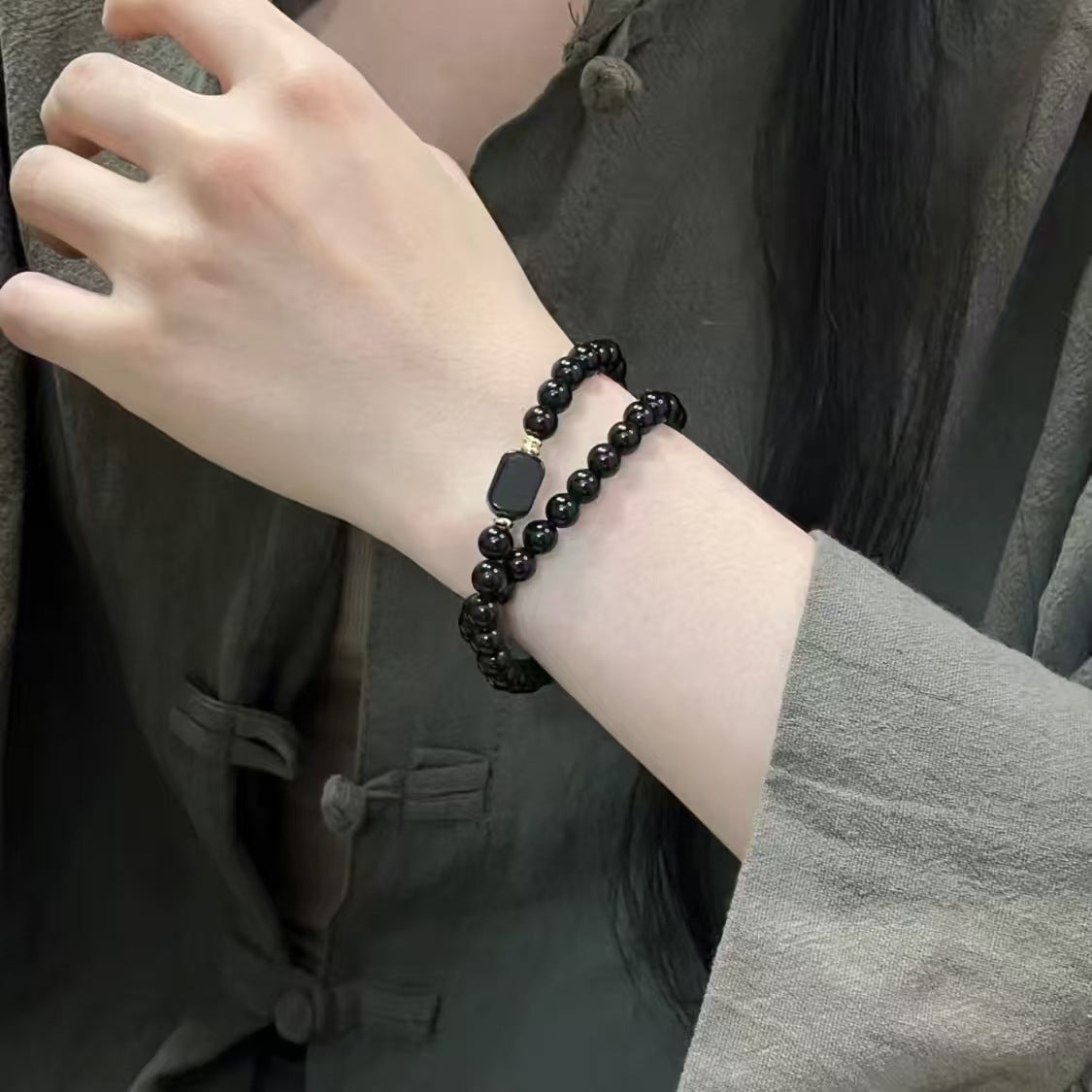Double Obsidian Three Pterocarpus Jade Cook Bracelets