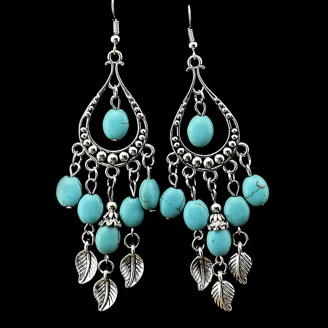 Ethnic Style Small Leaf Branch Tassel Turquoise Long Rings