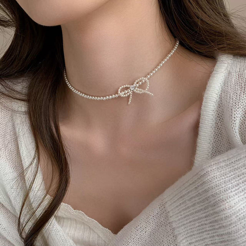Women's Sier Lucky Beads Bowknot Clavicle Chain Light Luxury Minority High-grade Necklace