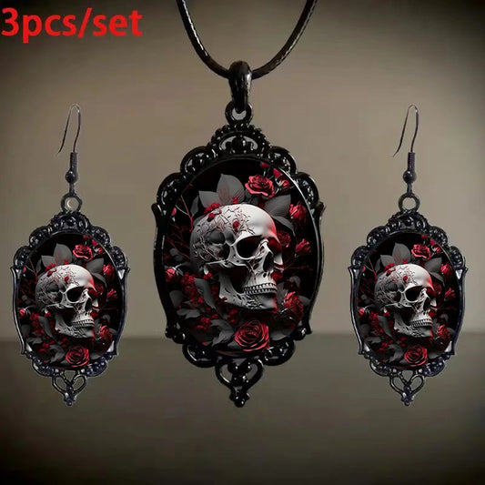 Innovative Gothic Rose Skull Pattern Glass Necklaces