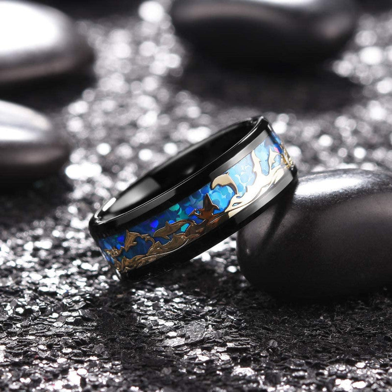 Black On Blue Background Gold Leaf Dolphin Ring