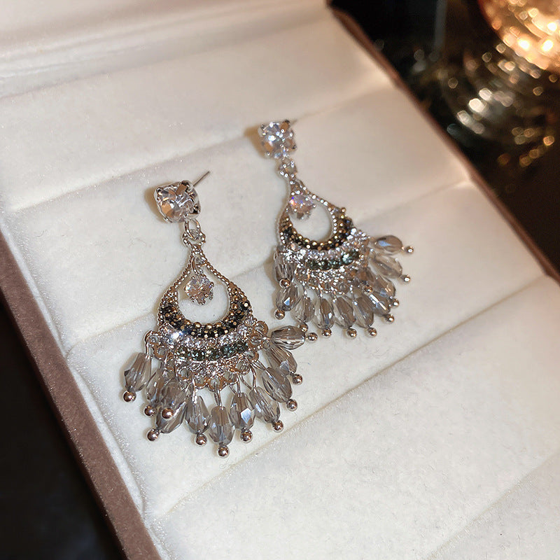 Sier Artificial Crystal Hollow Chinese Ethnic Style Tassel Earrings