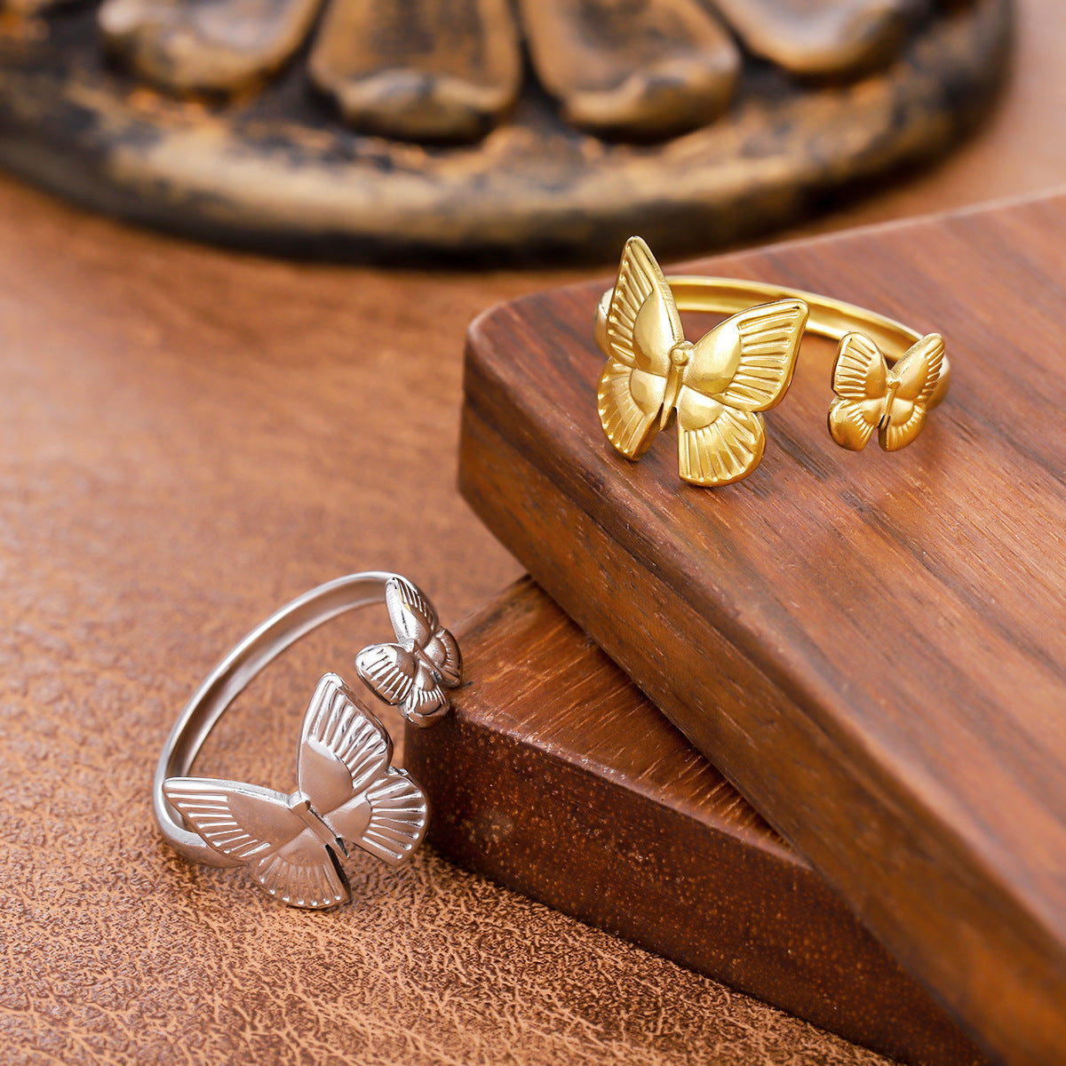 Double Butterfly Stainless Steel Female Cute Animal Opening Adjustable Rings