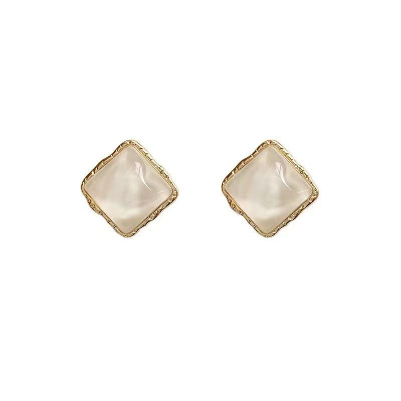 Sier Needle Simple Graceful Geometric Square Button Female Retro Light Stud Earrings