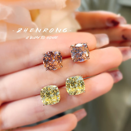 Square High Carbon Diamond Pink Princess Yellow Colored Gems Earrings