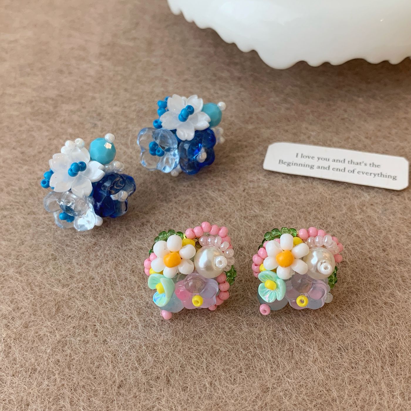 Sier Nail Blue Pink Bead Fashion Commuter Niche Earrings