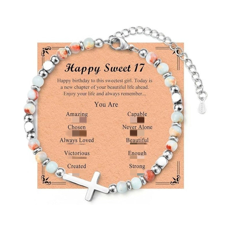 Women's Natural Stone Beaded Cross Lobster Buckle Adjustable Band Bracelet