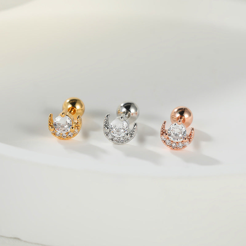 Fashion Lady Micro Inlaid Zircon Rose Gold Plating Star Moon Stud Earrings