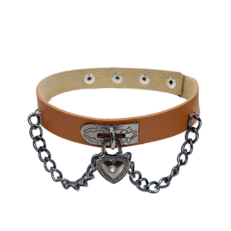 Love Leather Chain Neck Band Peach Heart Collar