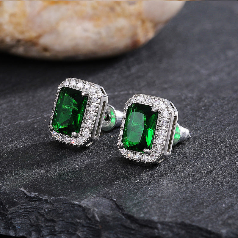 Women's Exquisite Square Ear Full Diamond Inlaid With Green Earrings