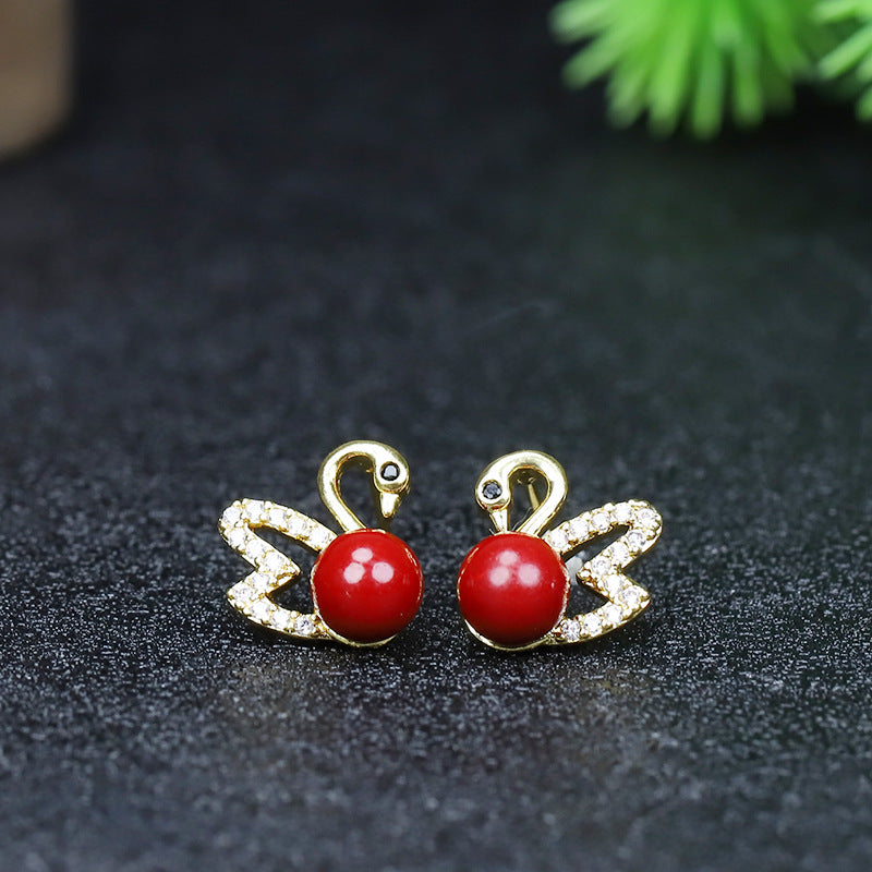 Purple Gold Sandstone Inlaid Ear Cherry Cinnabar Swan Female Earrings