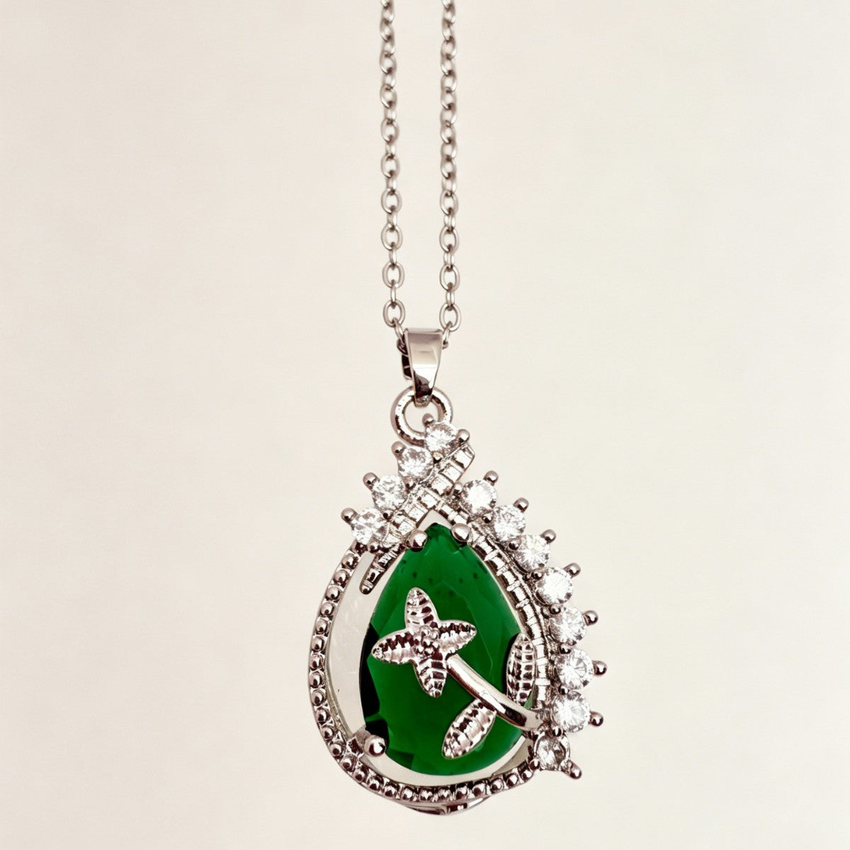 Women's Emerald Micro Inlaid Zircon Water Drop Titanium Steel Necklace