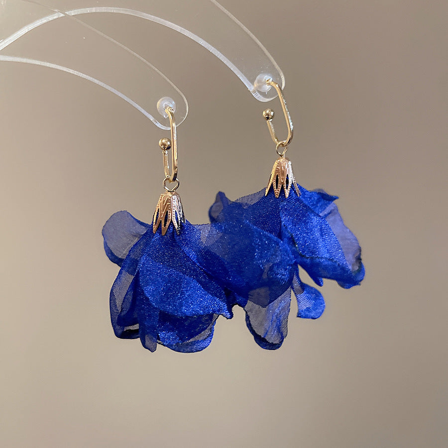Women's Fresh Blue Fabric Flower Tassel Seaside Vacation Style Light Stud Earrings
