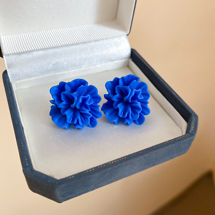 Women's Fresh Blue Fabric Flower Tassel Seaside Vacation Style Light Stud Earrings