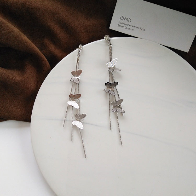 Women's Butterfly Long Fringe Slim Face Earrings