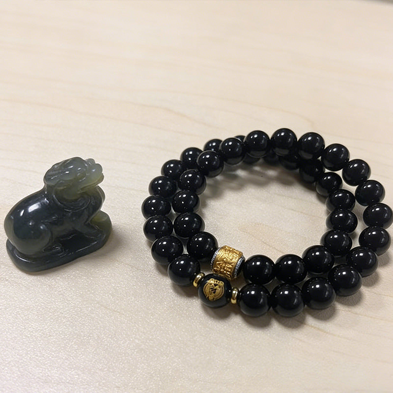 Men's Natural Obsidian Zodiac Natal Buddha Double Simple Bracelet