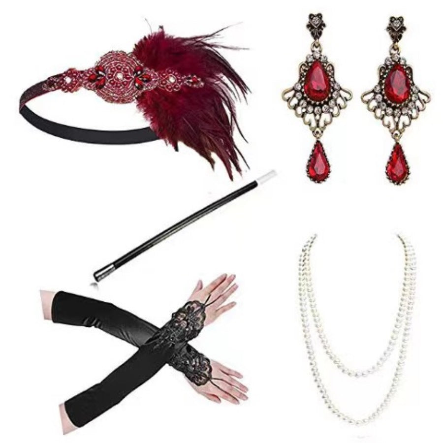 Red Feather Hair Band Masquerade Single Jewelry Set