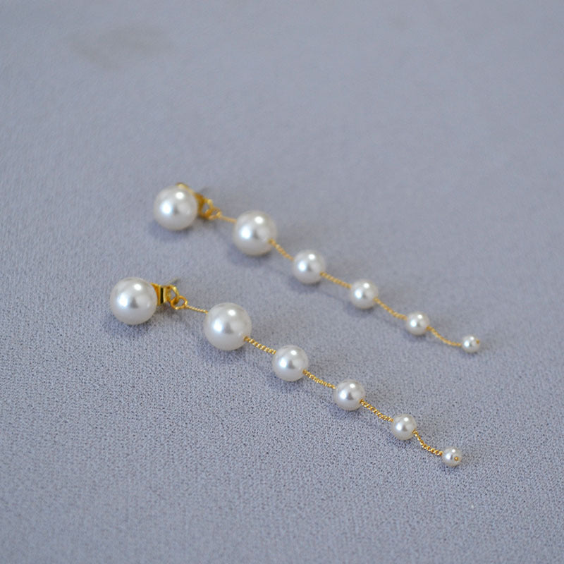 Women's Gradient Large Small Pearls Tassel Sier Earrings