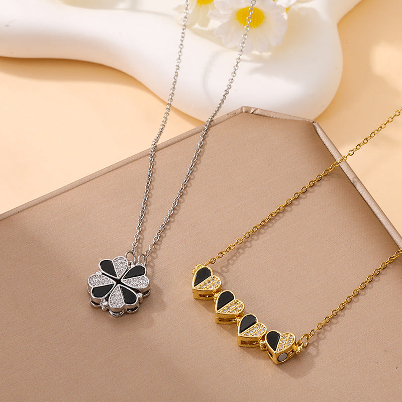 Women's Heart-to-heart Open Close Four-leaf Titanium Steel Fashionable Heart-shaped Folding Clavicle Necklace