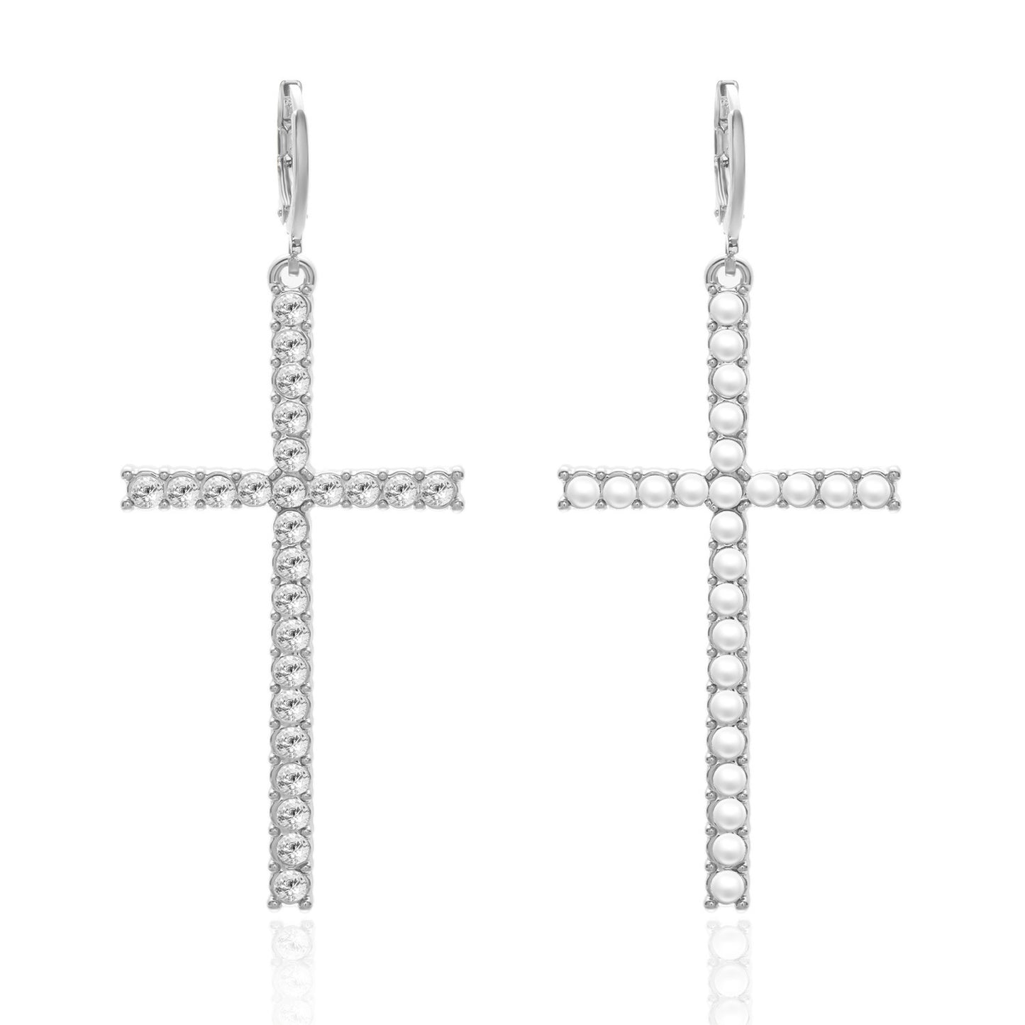 Elegant High-grade Cross Pearl Rhinestone Asymmetric Earrings